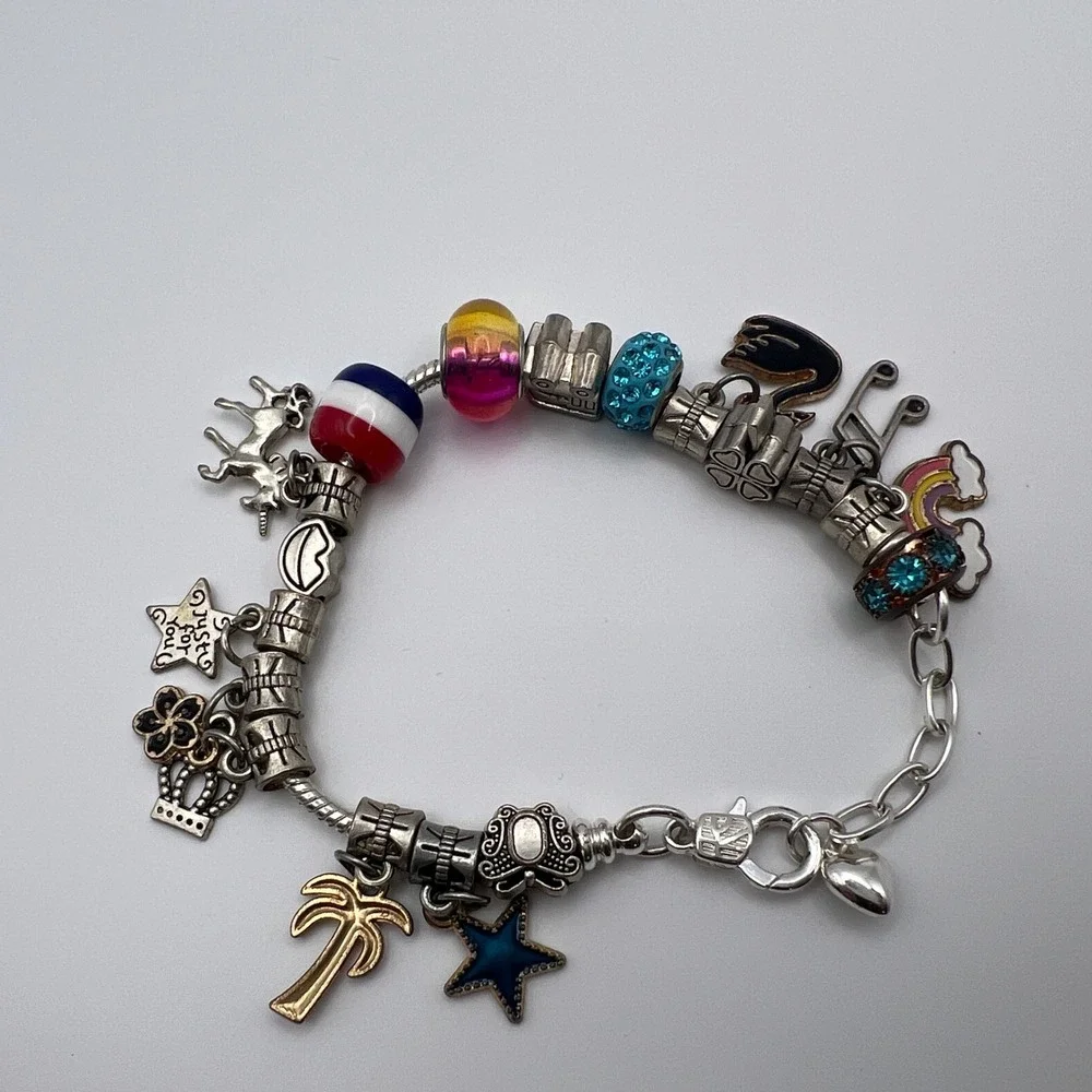 Silver Tone European Charm Bracelet‎ Mixed Glass Beads Rainbow Unicorn